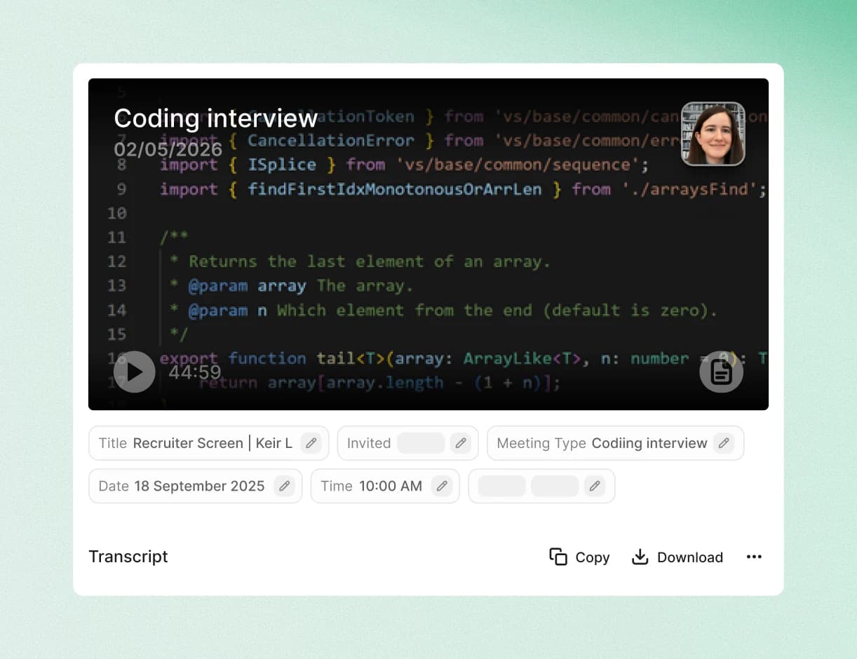 A recorded coding interview with its transcript and extracted details