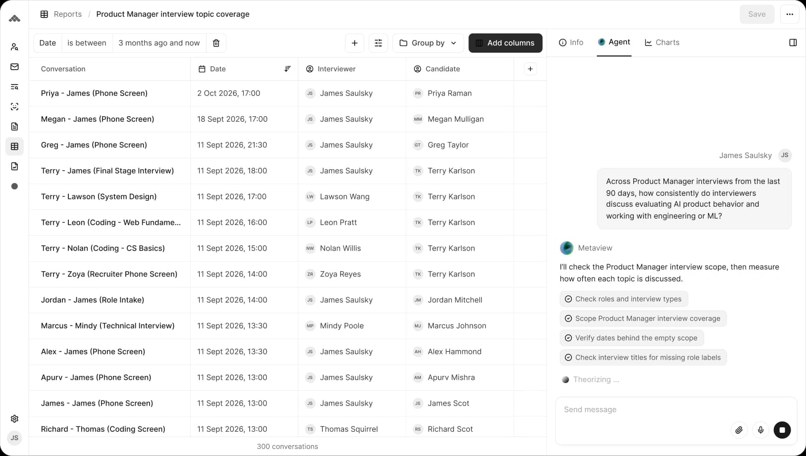 A Metaview report with an AI agent analyzing Product Manager interview topics