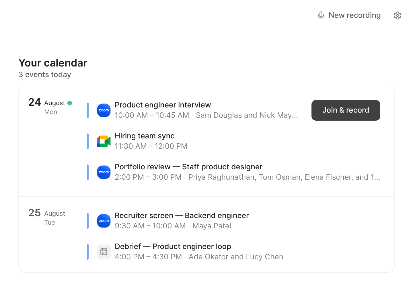 Metaview desktop app showing upcoming meetings and a Join & record button for the next interview.