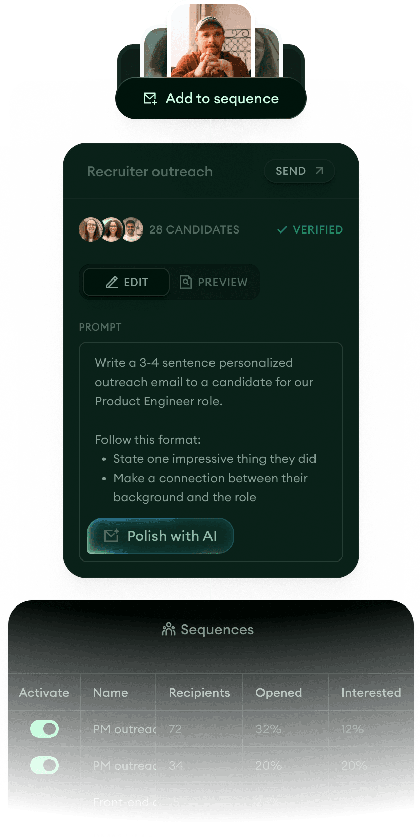 Metaview outreach product UI showing sequence builder and performance dashboard