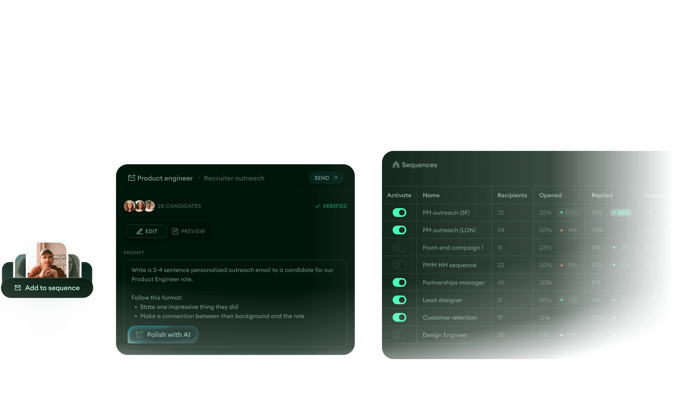 Metaview outreach product UI showing sequence builder and performance dashboard