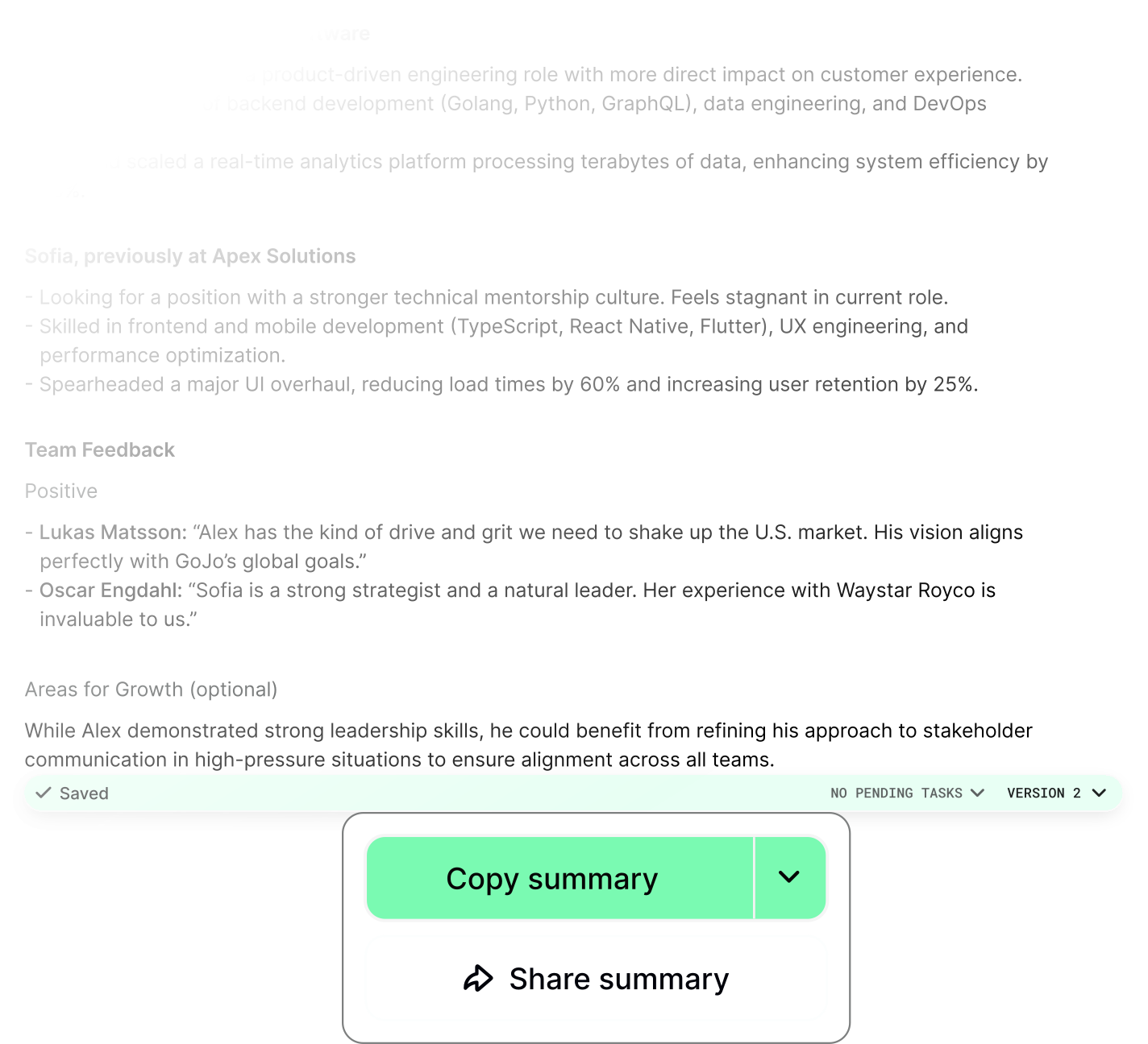 Metaview AI summary with copy and share summary controls.