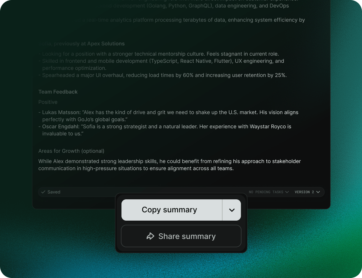 Metaview interview summary with copy and share summary actions.