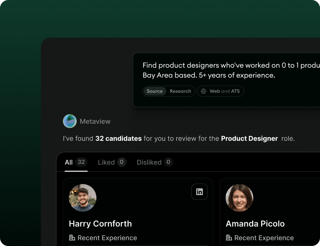 Metaview sourcing 32 candidates for a Product Designer role from one search.