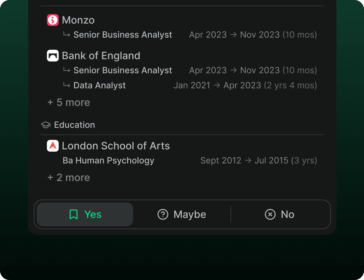 Metaview candidate experience summary with work history and Yes, Maybe, No controls.