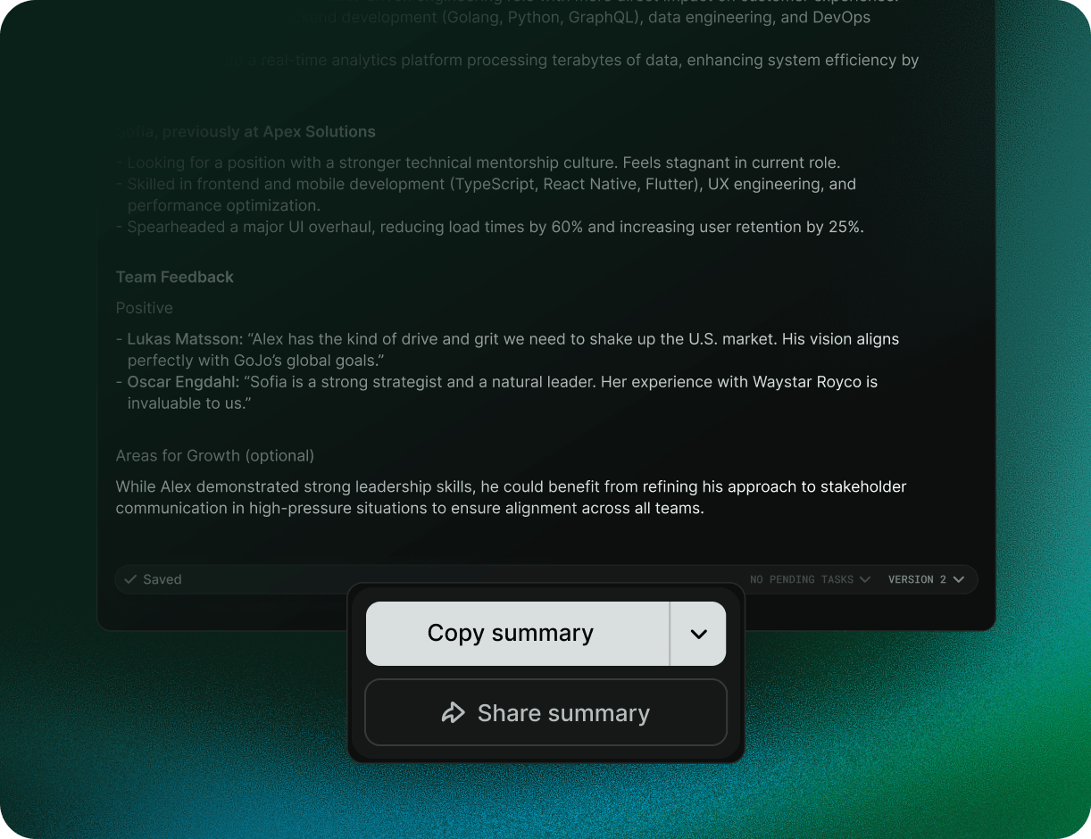 Metaview candidate summary with shared team feedback and copy summary controls.