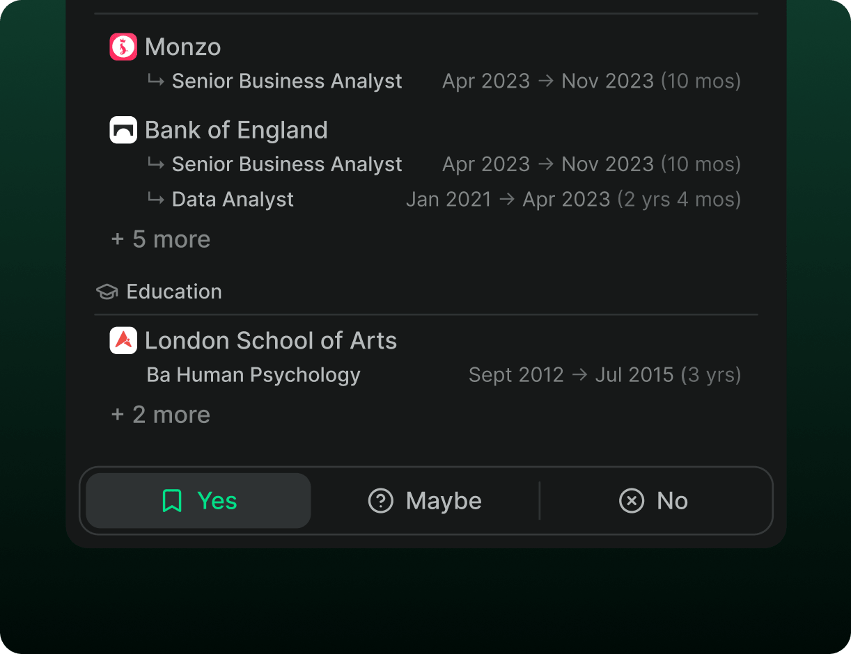 Metaview candidate profile with experience, education, and Yes/Maybe/No controls.