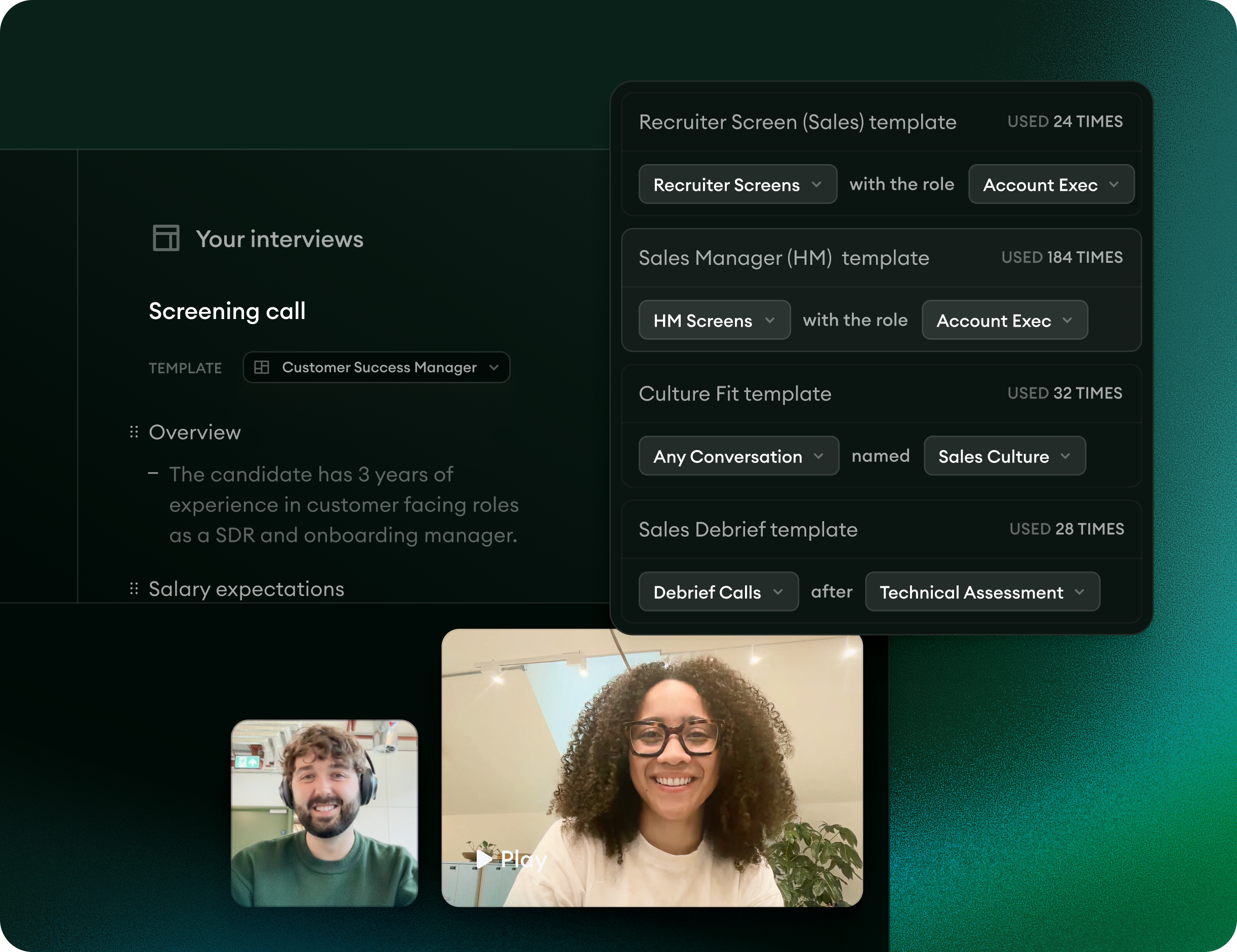 Metaview recruiting workflow templates mockup.