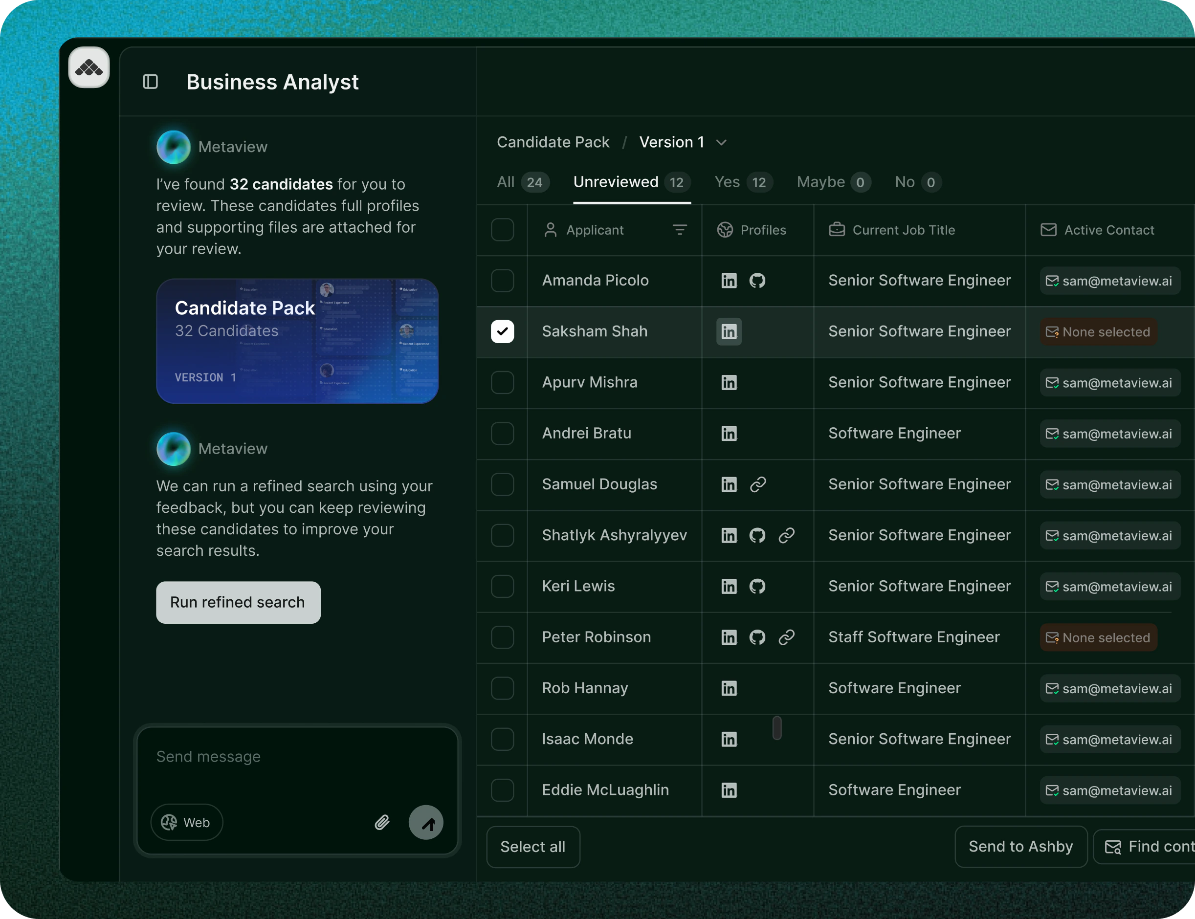 Metaview live search interface for a Business Analyst shortlist.