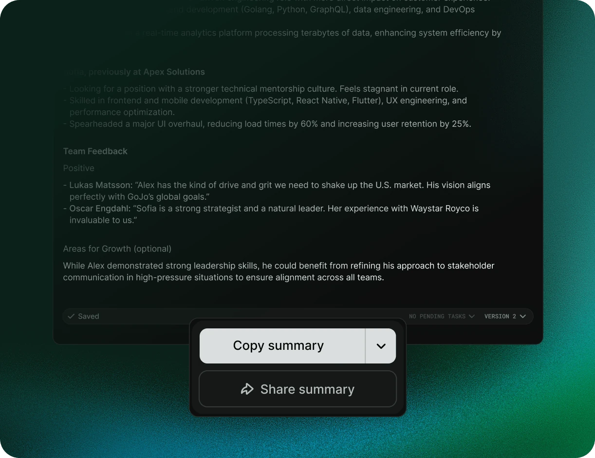 Metaview interview summary with team feedback, ready to copy and share.