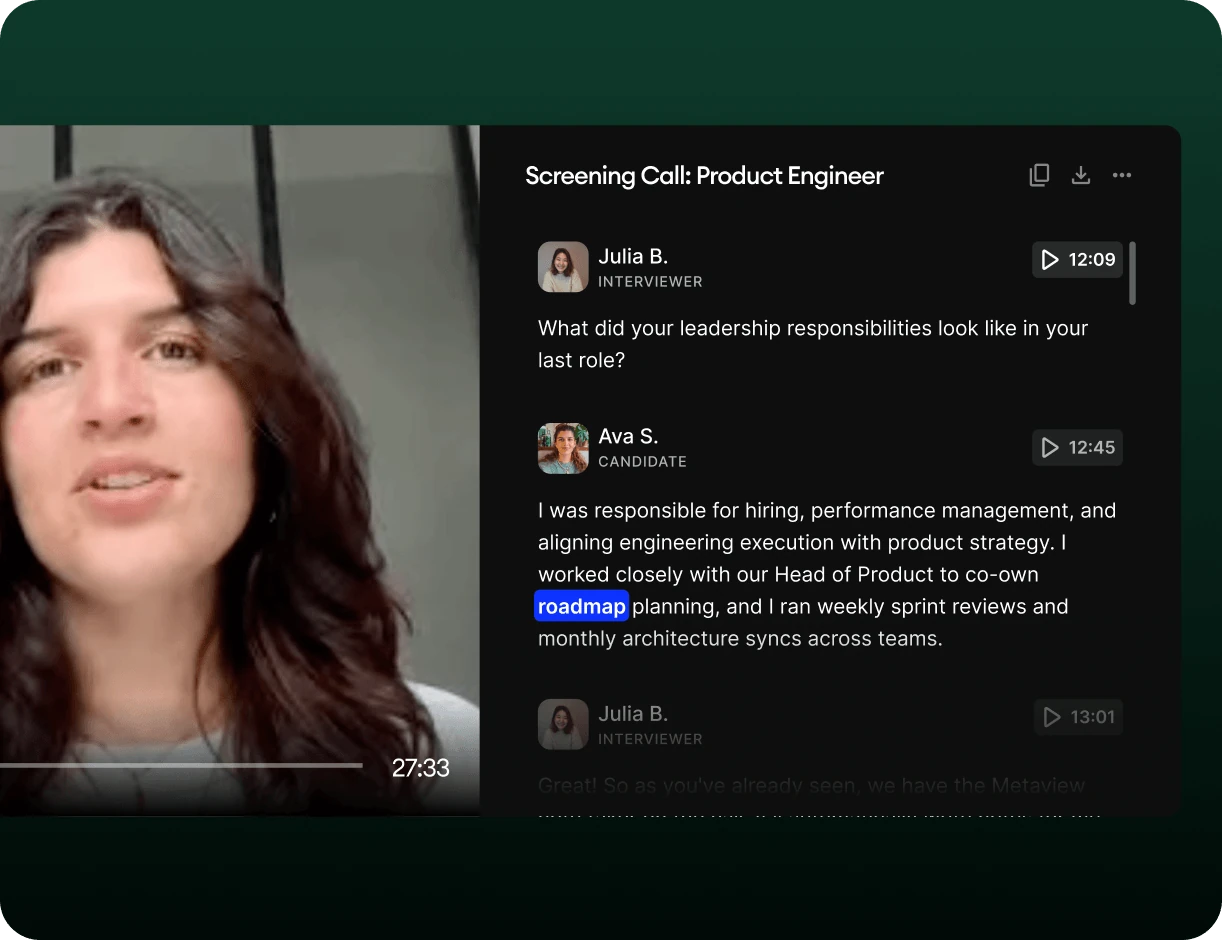 Metaview live interview transcript synced to the call recording.