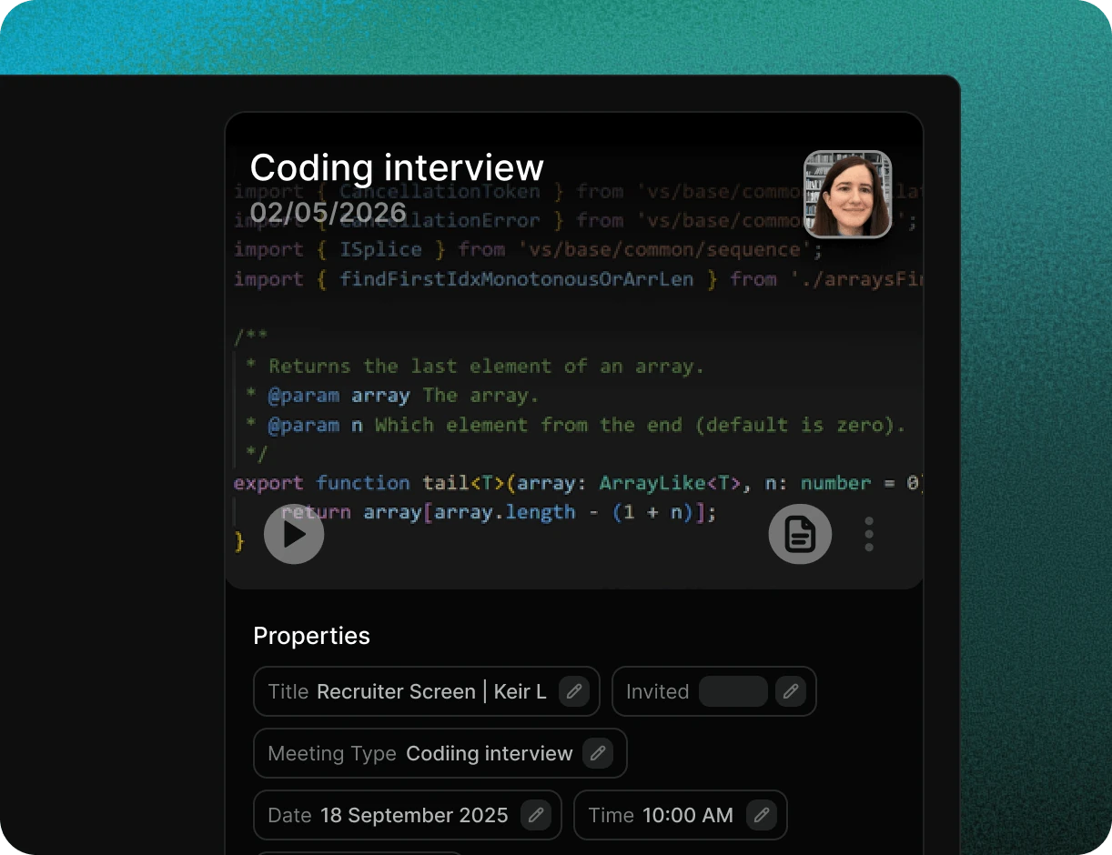 Metaview interview transcript of a coding interview with structured properties.