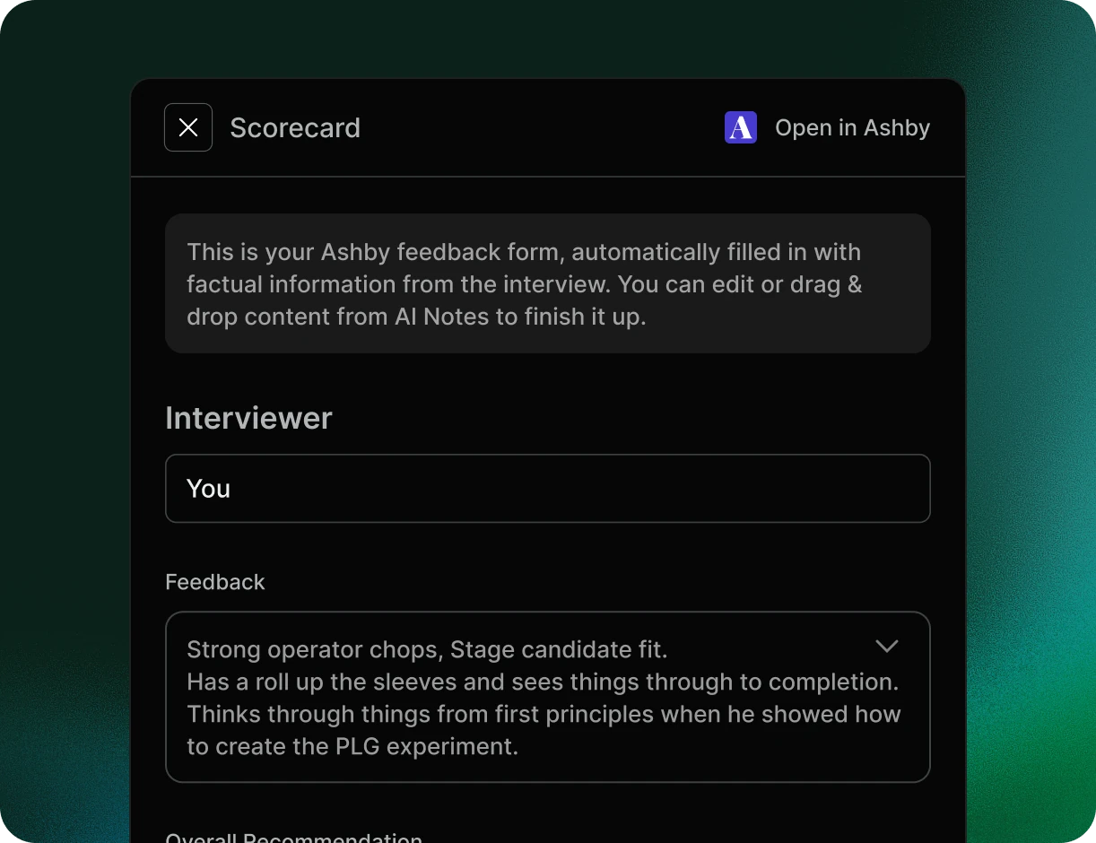 Metaview scorecard auto-filled from interview evidence, ready to open in Ashby.