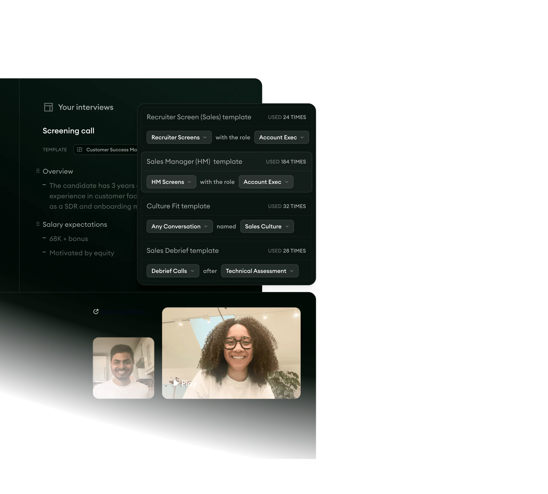 Metaview interview notetaker capturing a screening call with structured notes and templates.