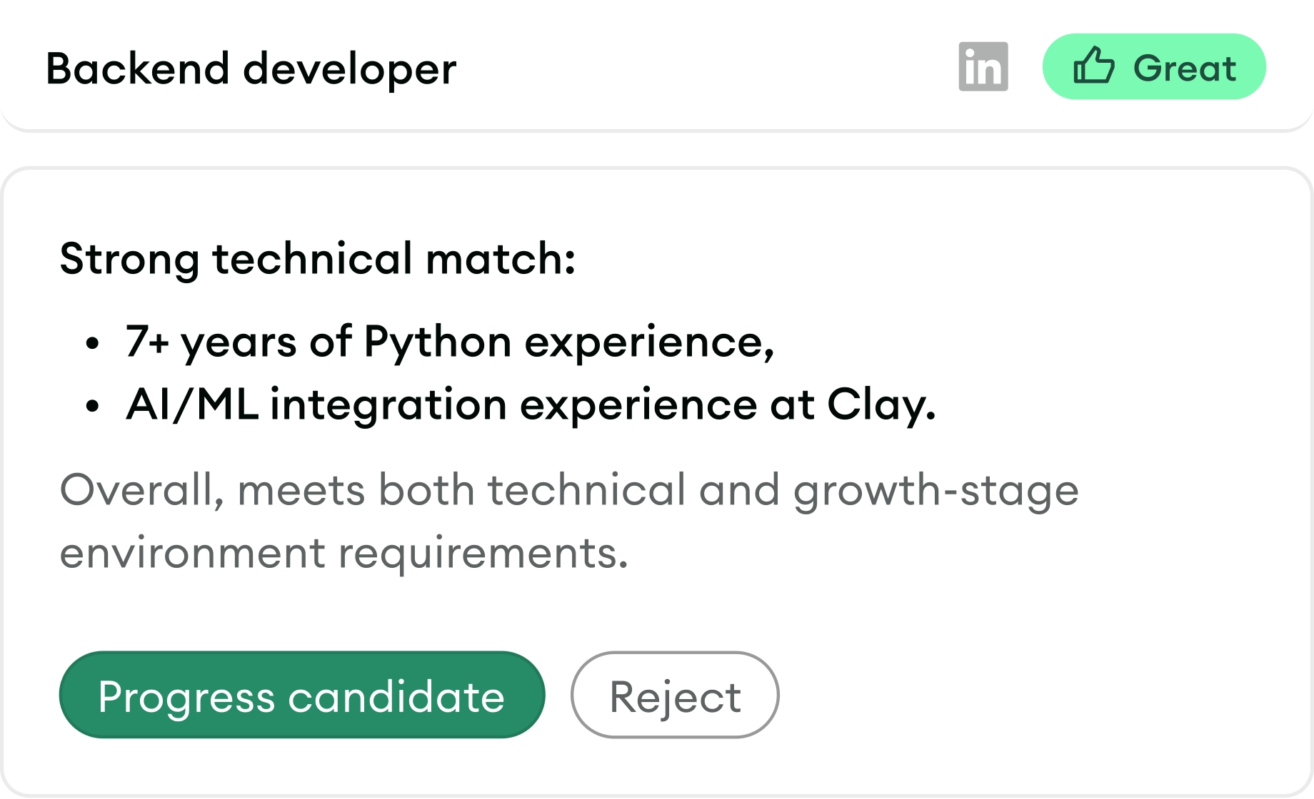 A candidate application evaluated against the role, with options to progress or reject the candidate.