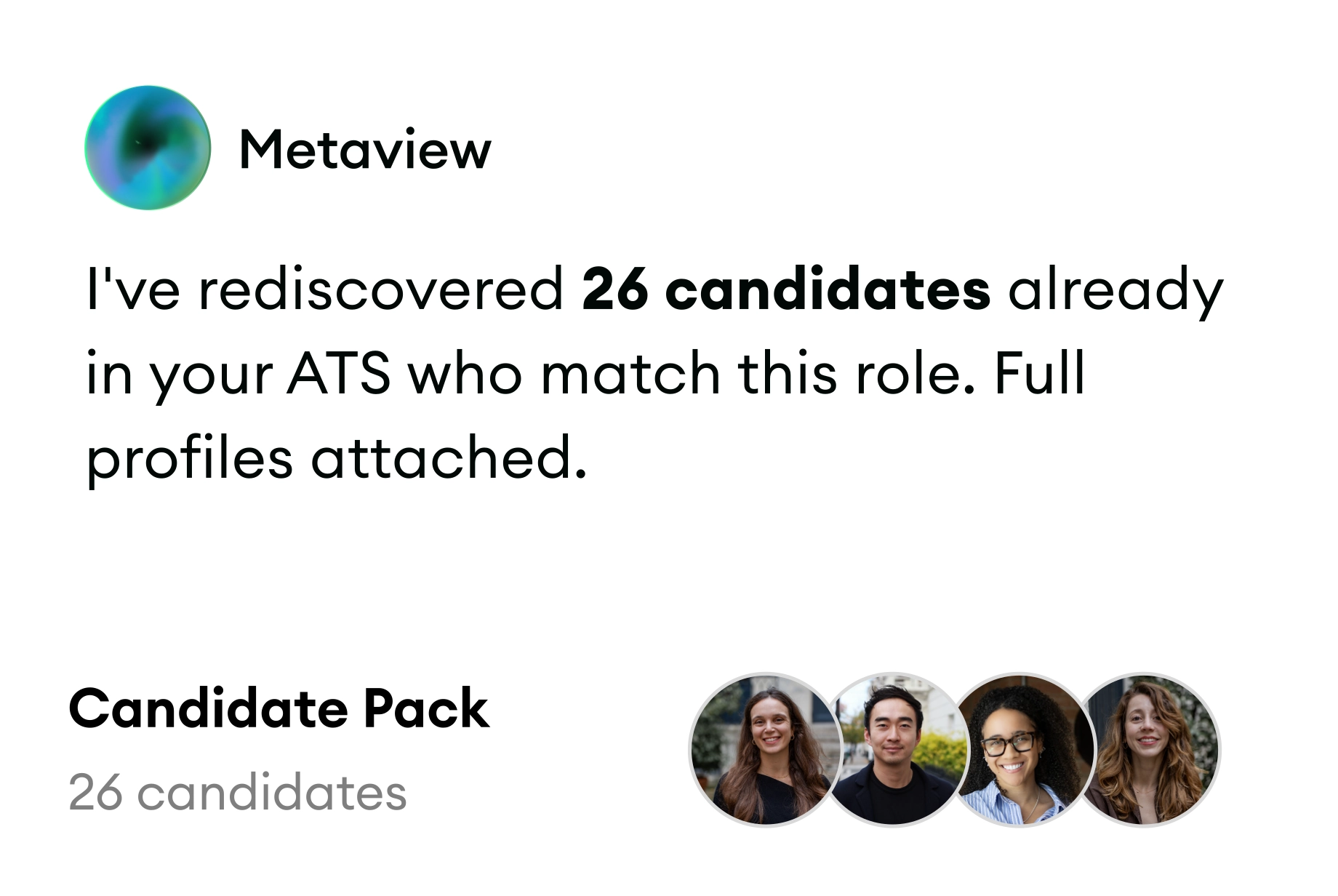 Metaview rediscovering 26 matching candidates in the ATS and preparing a candidate pack.